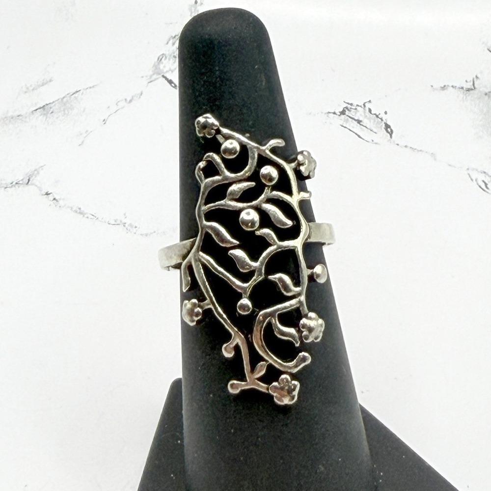 Silver Tone Statement Ring Elongated Filigree Design Size 6.75